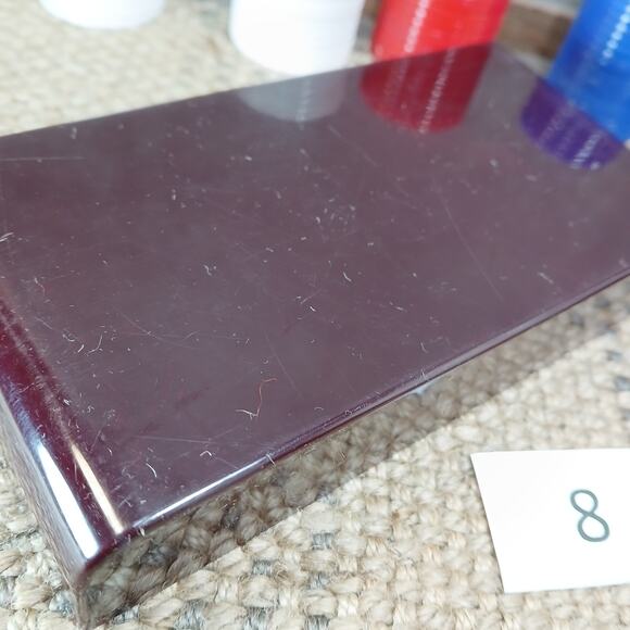 Vtg Poker Chip Set / Roulette Chips w/Maroon Storage Box w/Art Deco Lid [Set #8] - Picture 5 of 11